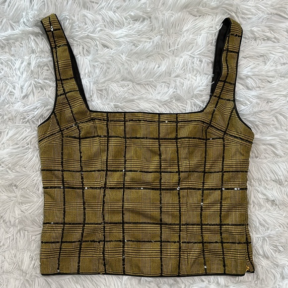 NBD Kent Saffron yellow gold black plaid square neck crop tank top S - Picture 4 of 14